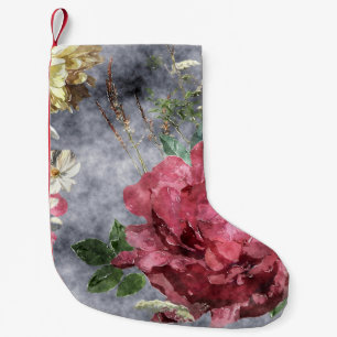 Calcetín Navideño Pequeño Patrón floral de color acuático de peonía roja