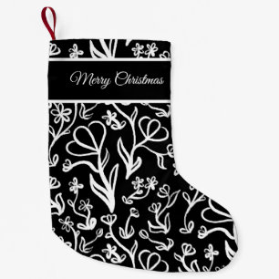 Calcetín Navideño Pequeño Patrón floral en blanco sobre negro