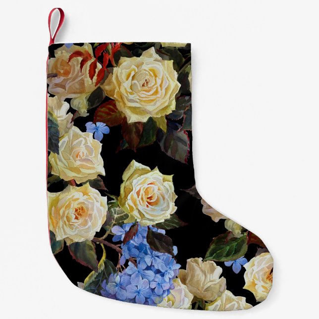 Calcetín Navideño Pequeño Patrón floral moderno, rosas blancas, hidrangea az (Anverso)