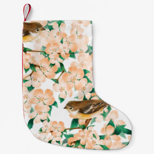 Calcetín Navideño Pequeño Patrón floral sin foco con aves