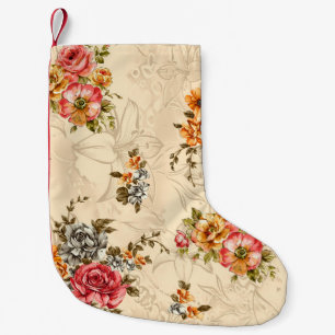 Calcetín Navideño Pequeño Patrón floral sin foco con flores y crema