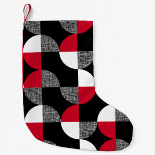 Calcetín Navideño Pequeño Patrón geométrico de yeso negro, rojo y blanco.