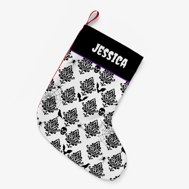 Calcetín Navideño Pequeño Patrón gótico Damask Spiders Skulls Bats (Frente (Colgado))