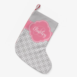 Calcetín Navideño Pequeño Patrón gris moho Quatrefolium rosado Monograma