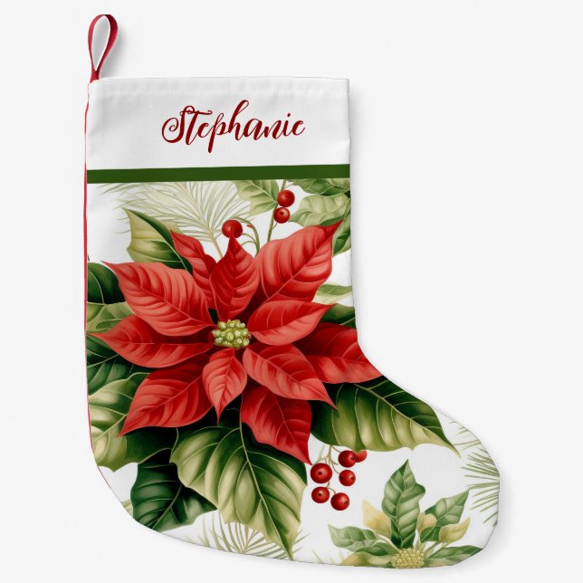 Calcetín Navideño Pequeño Patrón Holly de poinsettia verde rojo personalizad (Anverso)
