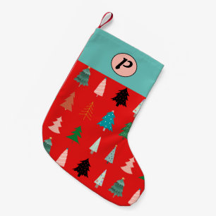 Calcetín Navideño Pequeño Patrón lindo monogramado árboles coloreados rojos 