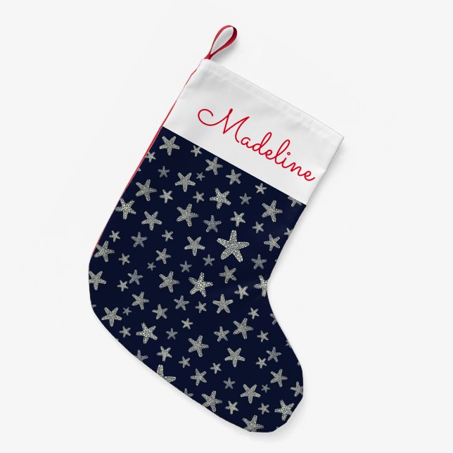 Calcetín Navideño Pequeño Patrón Mar de Starfish| Agregar su nombre (Frente (Colgado))