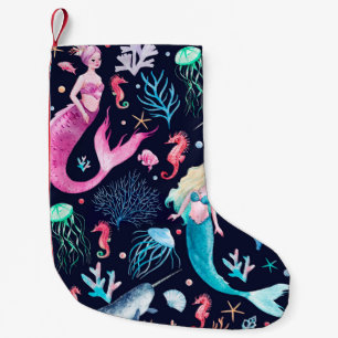 Calcetín Navideño Pequeño Patrón marino acuático con sirenas, corales, mar