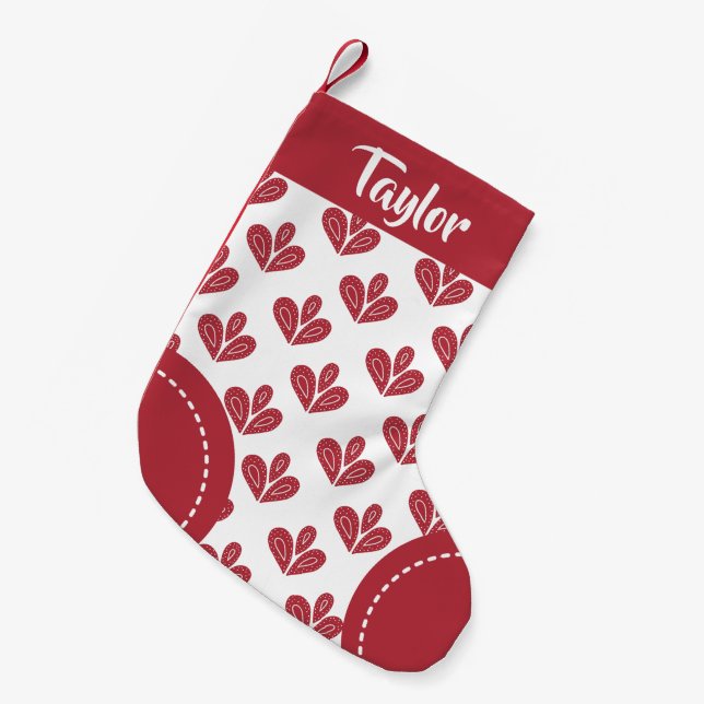 Calcetín Navideño Pequeño Patrón Nórdico Navidad Personalizada Rojo Blanco (Frente (Colgado))