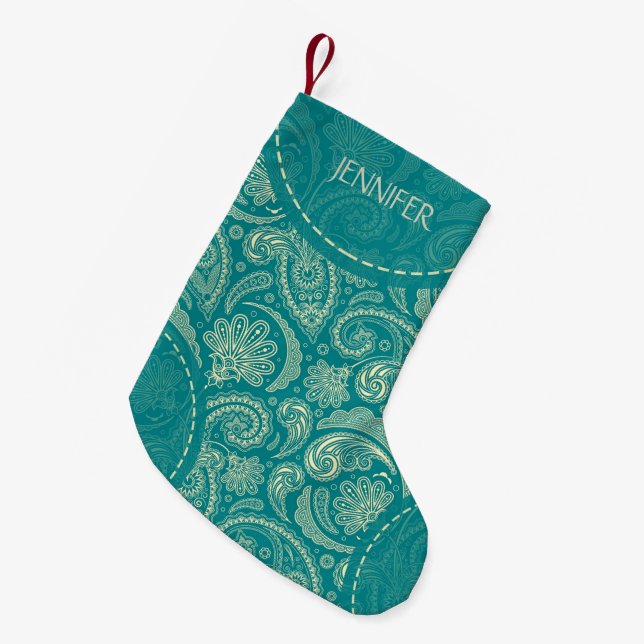 Calcetín Navideño Pequeño Patrón Paisley azul-verde (Frente (Colgado))