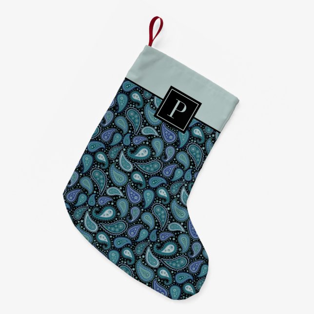 Calcetín Navideño Pequeño Patrón retro monograma azul paisley (Frente (Colgado))