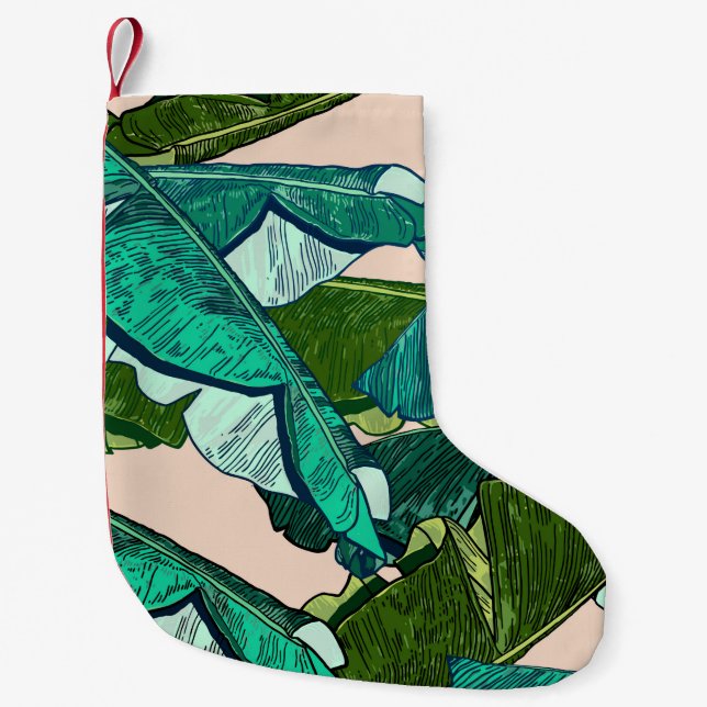 Calcetín Navideño Pequeño Patrón sin fisuras de hojas tropicales bananeras (Anverso)