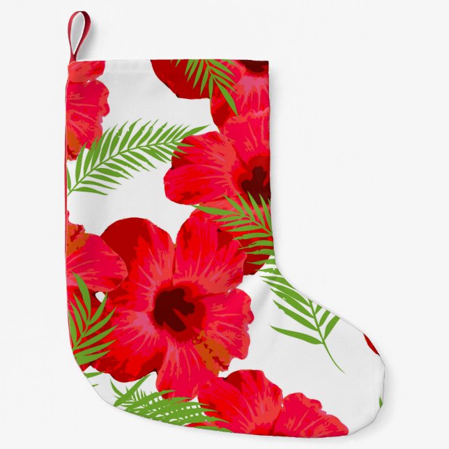 Calcetín Navideño Pequeño Patrón sin foco con flor tropical, hojas de palma (Anverso)