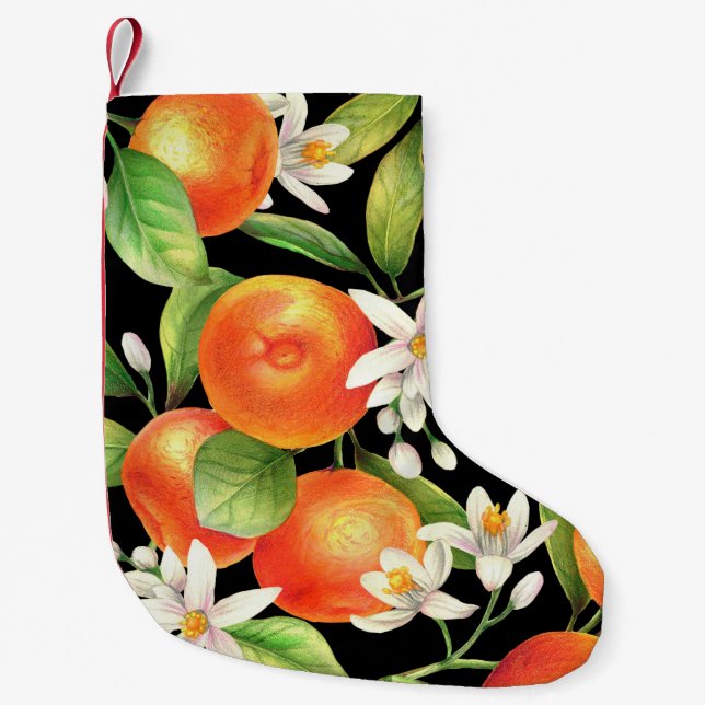 Calcetín Navideño Pequeño Patrón sin foco con frutos naranjas, flores y l (Anverso)