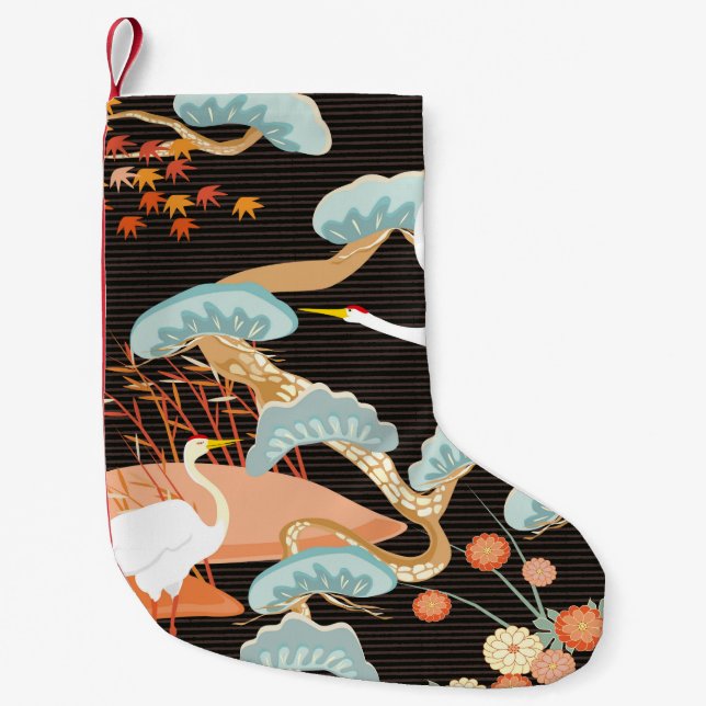 Calcetín Navideño Pequeño Patrón sin foco con las aves. Grúa. Heron. Japones (Anverso)