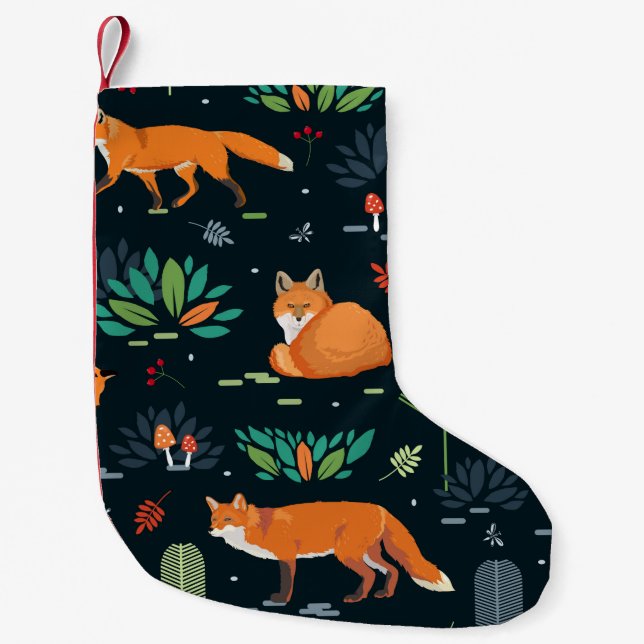 Calcetín Navideño Pequeño Patrón sin foco con zorros, árboles, hojas, hongos (Anverso)