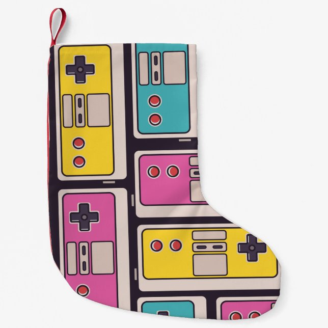 Calcetín Navideño Pequeño Patrón sin inconvenientes con joysticks de juego.  (Anverso)