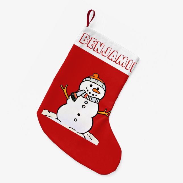 Calcetín Navideño Pequeño Patrón Snowman de invierno | Kids Name Red (Frente (Colgado))