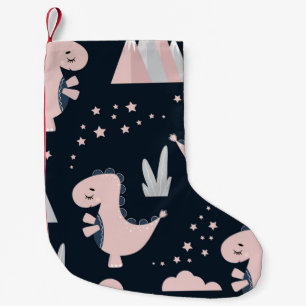 Calcetín Navideño Pequeño Patrón transparente con dinosaurios rosados en un