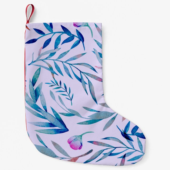 Calcetín Navideño Pequeño Patrón transparente de acuarela. Ornamento botánic (Anverso)