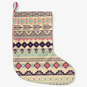 Calcetín Navideño Pequeño Patrón tribal azteca en rayas, ilustraciones vinta