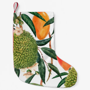 Calcetín Navideño Pequeño Patrón tropical acuarela, fruto del durión, mango