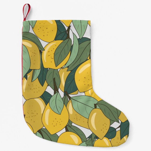 Calcetín Navideño Pequeño Patrón tropical con lémones amarillos. (Anverso)