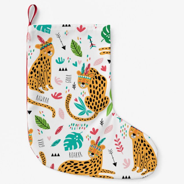 Calcetín Navideño Pequeño Patrón tropical de leopardos tribales infantiles (Anverso)