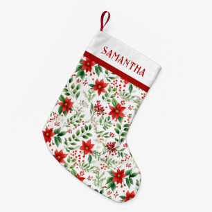 Calcetín Navideño Pequeño Patrón Tropical de Navidad con Poinsettia Roja