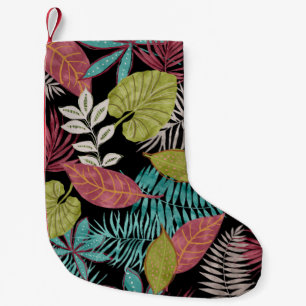 Calcetín Navideño Pequeño Patrón tropical hecho con fondo oscuro y pulga