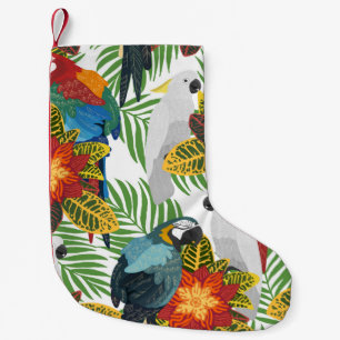Calcetín Navideño Pequeño Patrón tropical sin foco con loros.