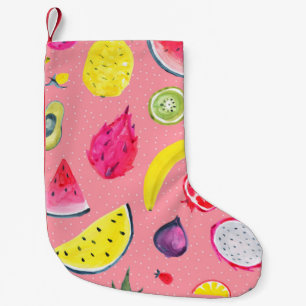 Calcetín Navideño Pequeño Patrón tropical sin foco de fruta exótica. Hand dr