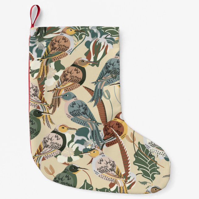 Calcetín Navideño Pequeño Patrón tropical sin foco. Imprimir con aves exótic (Anverso)