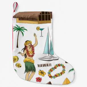 Calcetín Navideño Pequeño  Patrón vintage de iconos y símbolos hawaianos