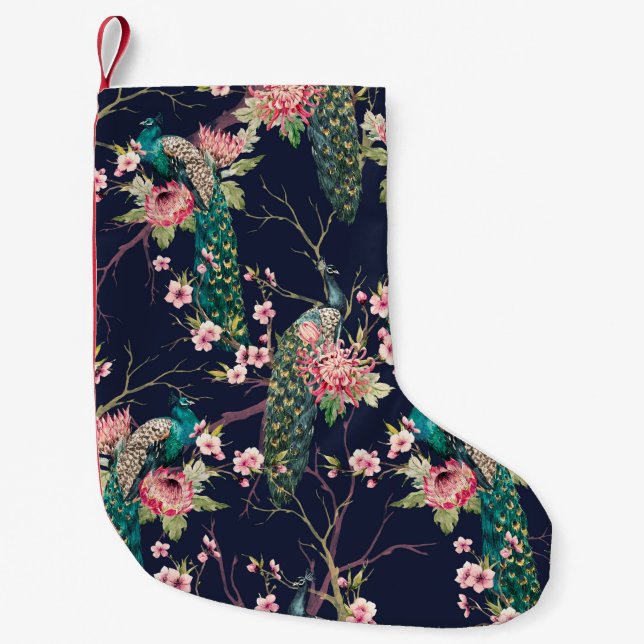 Calcetín Navideño Pequeño pavo real de patrón de acuarela en cerezo de árbol (Anverso)
