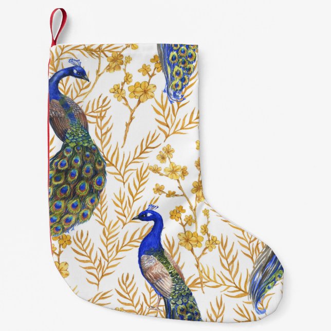 Calcetín Navideño Pequeño pavos reales chinos, sakura dorada, acuarela. (Anverso)