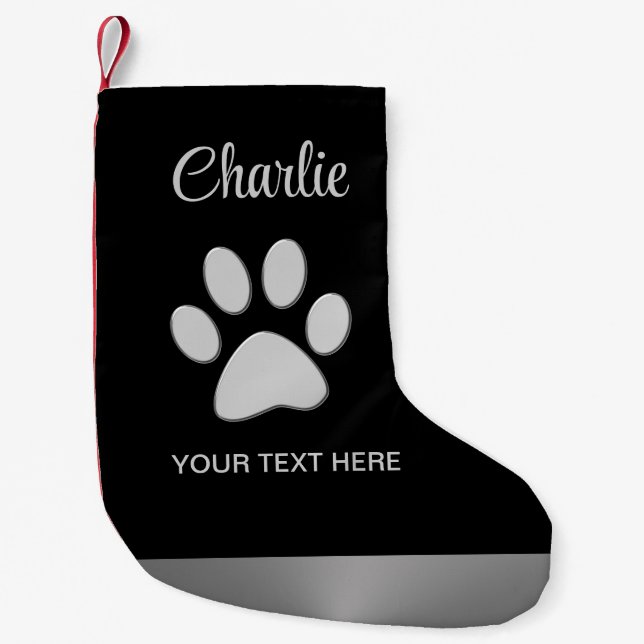 Calcetín Navideño Pequeño Paw de perro plateado sobre fondo negro (Anverso)