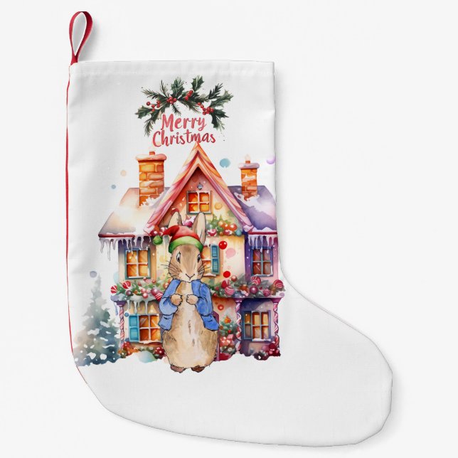 Calcetín Navideño Pequeño Pedro el Conejo con cabaña de Navidades (Anverso)