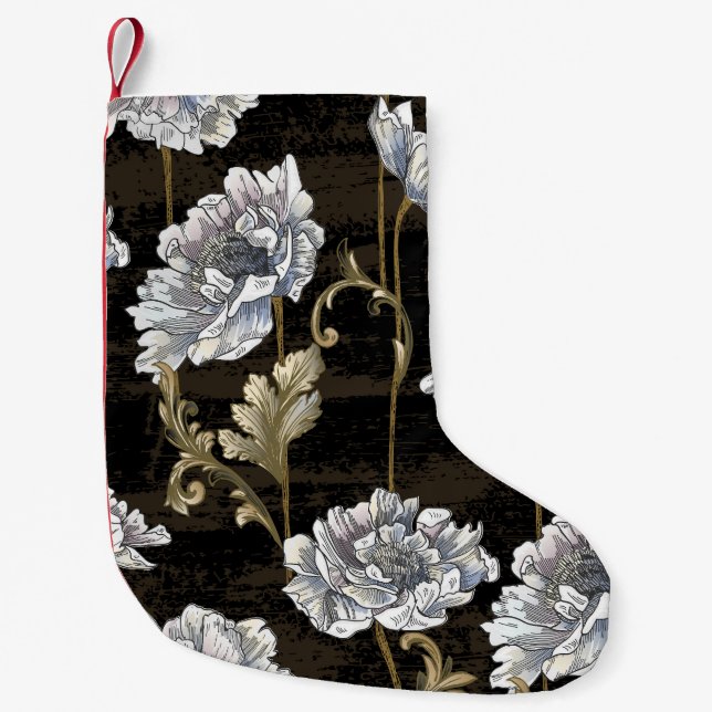 Calcetín Navideño Pequeño Peony Elegance: Barroco Swirls de oro (Anverso)