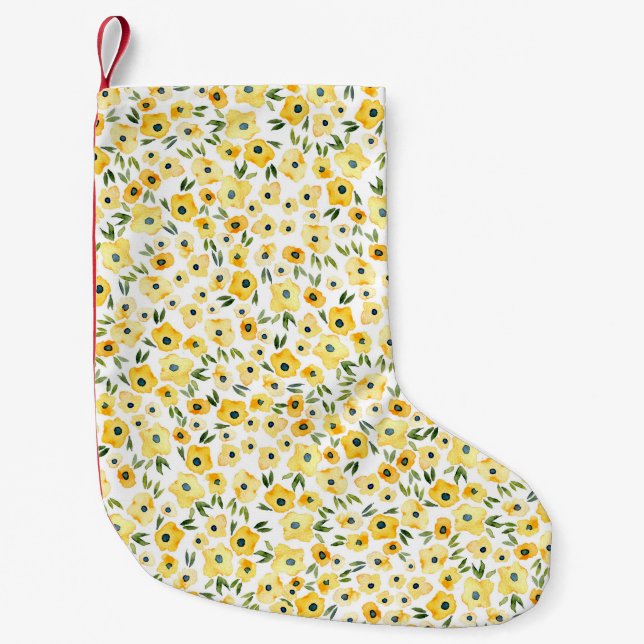 Calcetín Navideño Pequeño Pequeñas Flores Amarillas: Acuarela Seamless. (Anverso)