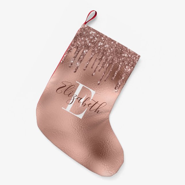 Calcetín Navideño Pequeño Perforaciones monogramadas de Rosa Gold Purpurina (Frente (Colgado))