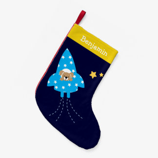 Calcetín Navideño Pequeño Perrito en la nave de Rocket personalizada