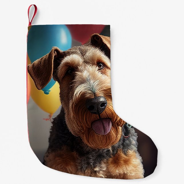 Calcetín Navideño Pequeño Perro Airedale con torta y globos (Anverso)
