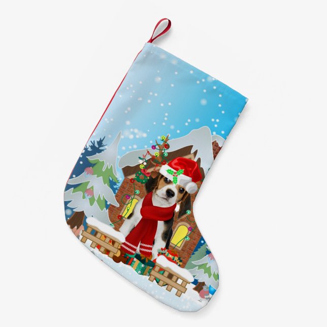Calcetín Navideño Pequeño Perro Beagle con regalos de Navidades (Frente (Colgado))