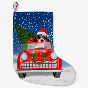 Calcetín Navideño Pequeño Perro Beagle Conductor Auto En Navidades De Nieve
