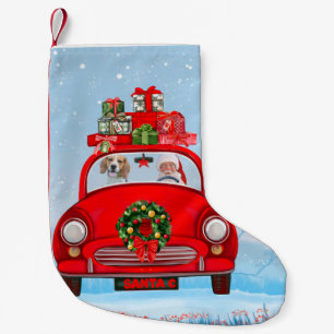 Calcetín Navideño Pequeño Perro Beagle en coche con Papá Noel
