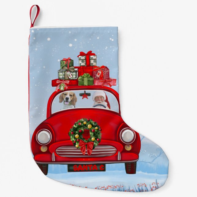Calcetín Navideño Pequeño Perro Beagle En Coche Con Santa Claus (Anverso)
