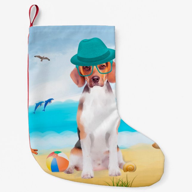 Calcetín Navideño Pequeño Perro Beagle En La Playa (Anverso)