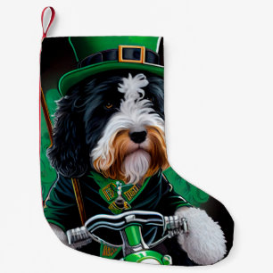 Calcetín Navideño Pequeño Perro Bernedoodle conduciendo bicicleta Día de San
