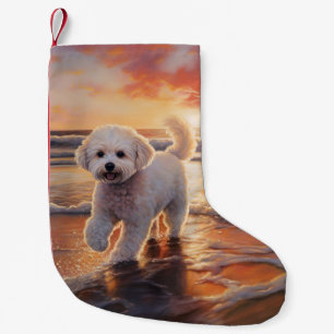 Calcetín Navideño Pequeño Perro Bichon Frise de Patas Arenosa en Puesta de S